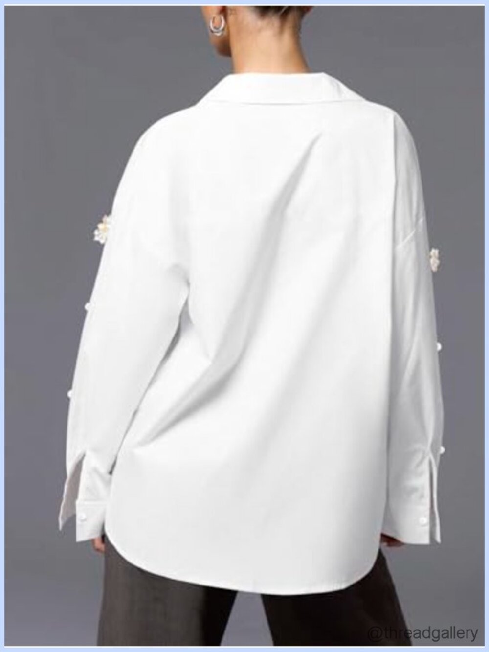 Elegant Satin Blouse Pearl Flower Embellishments Long Sleeve Button Down - Picture 6 of 6